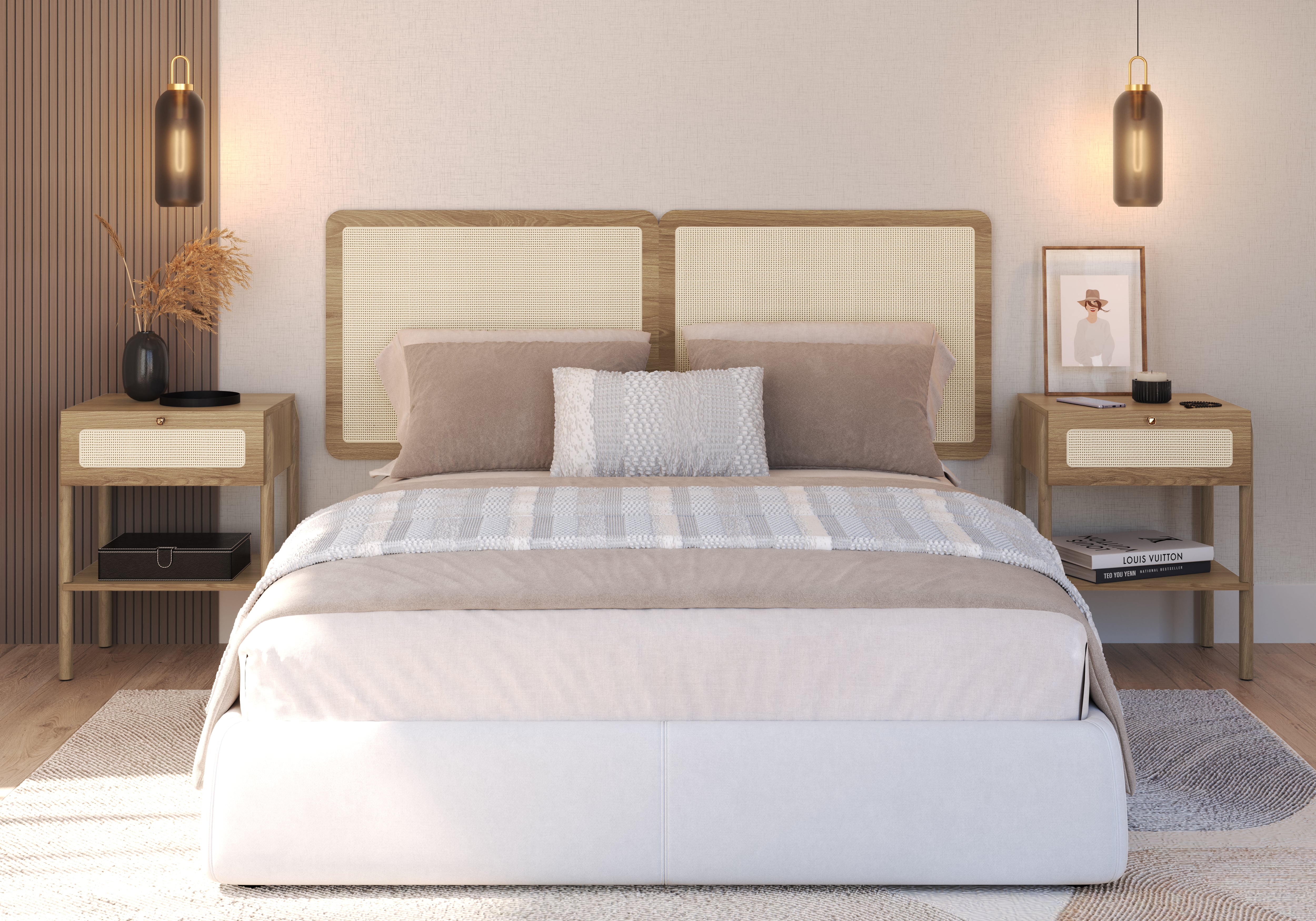 Set Respaldo 27967 2P + 2 Veladores 27932E Ratan Natural  1