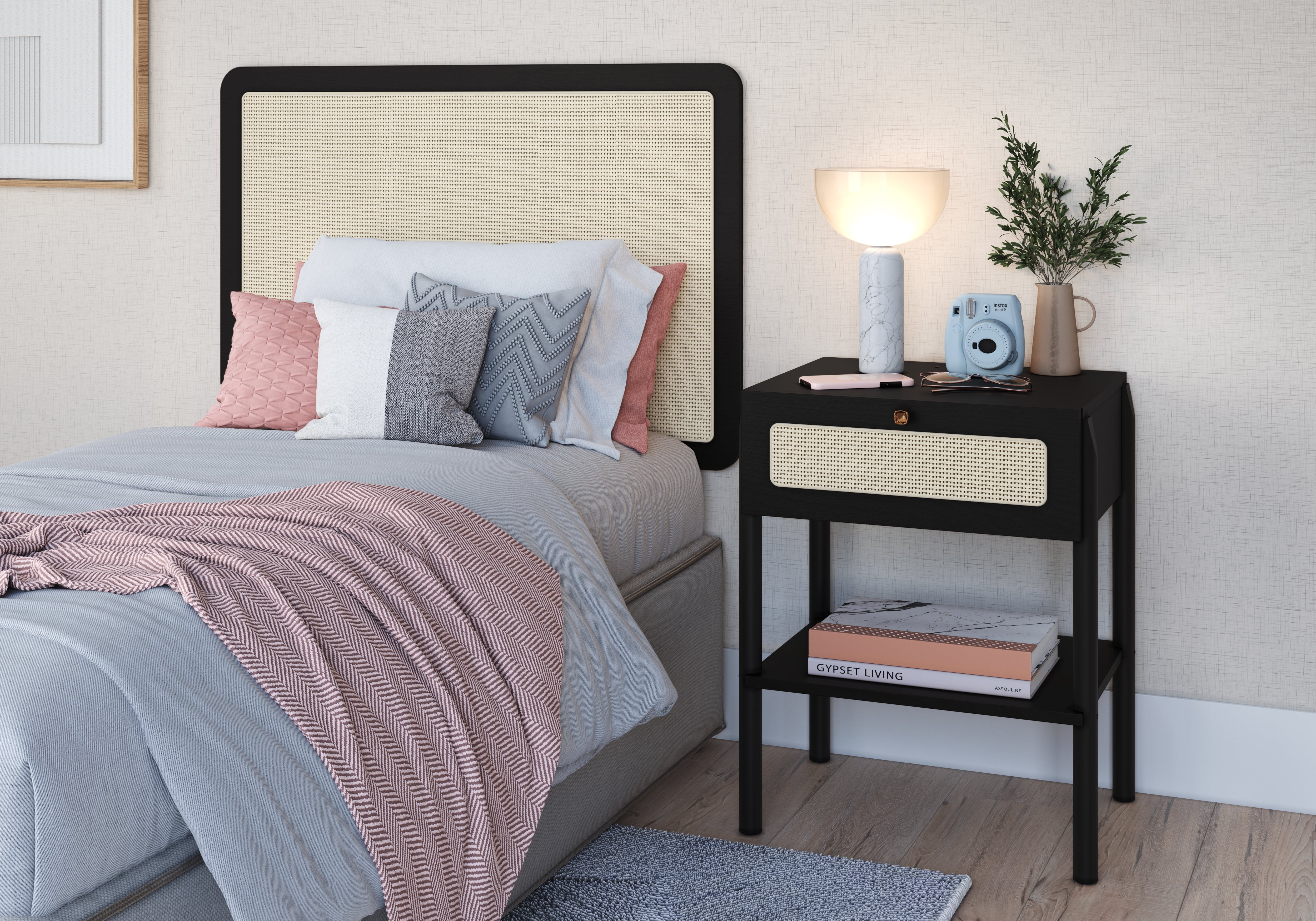 Set Respaldo 27966 1P + 1 Velador 27932 Ratan Negro 1