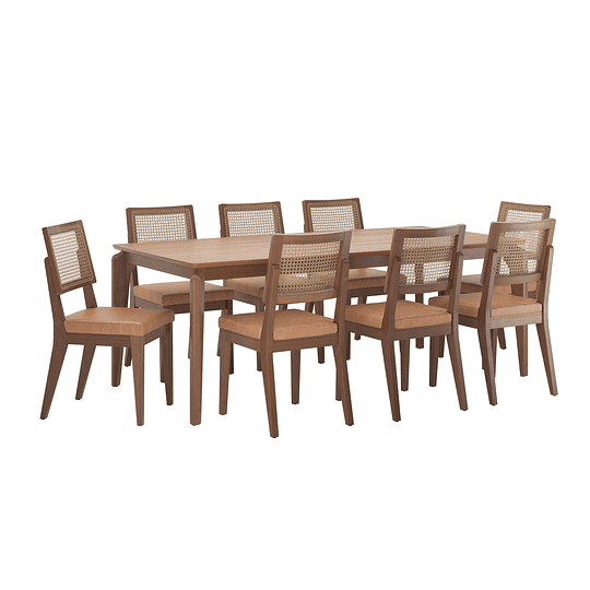 Comedor 2.1 Laurent Canela+ 8 Sillas Saga Ratan Natural Caramel