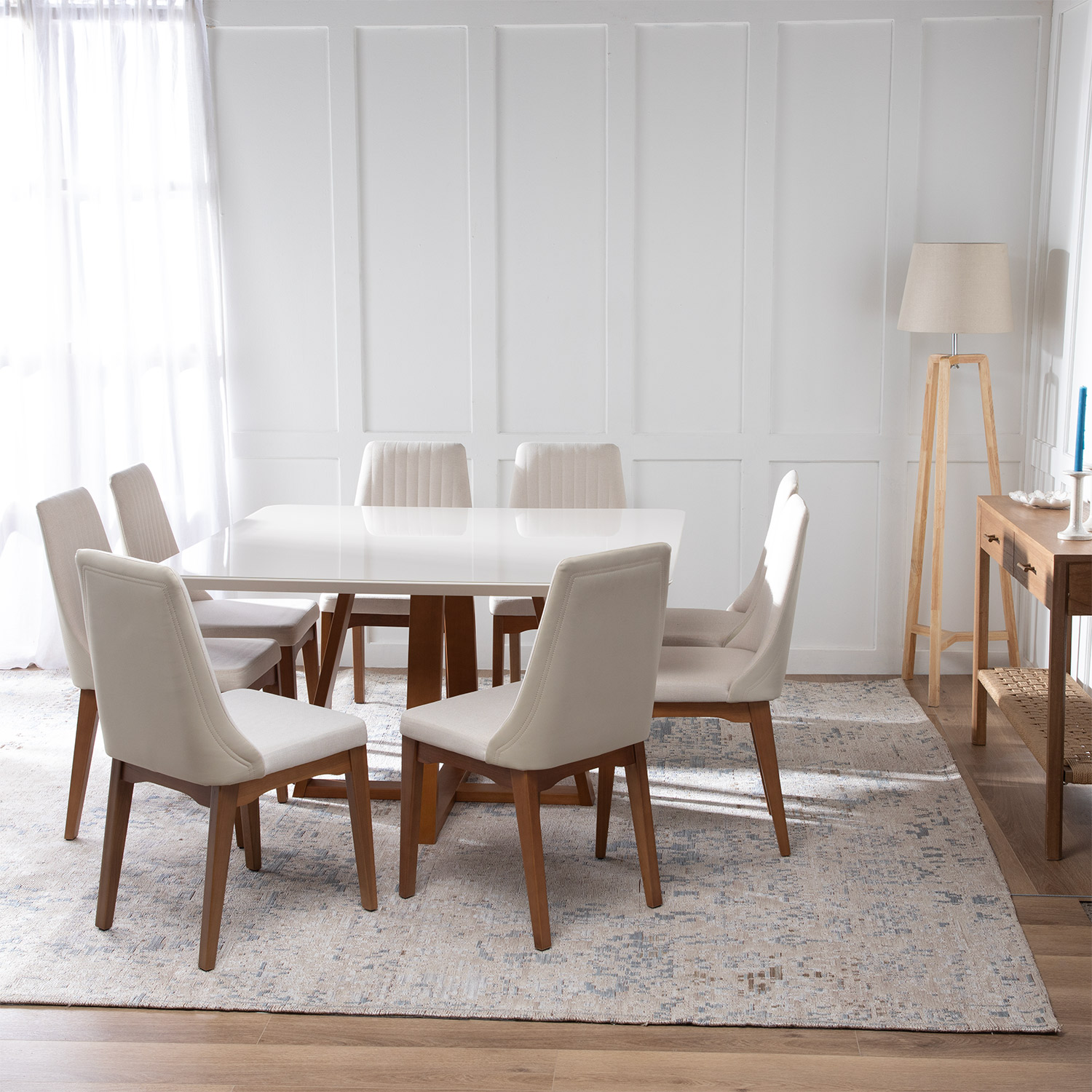 Comedor Bennet 1.35 Cuadrado Off white + 8 sillas Elsie Beige 1