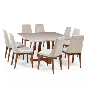 Comedor Bennet 1.35 Cuadrado Off white + 8 sillas Elsie Beige