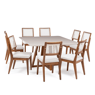 Comedor Bennet 1.35 Cuadrado Off white + 8 Sillas Saga Ts L02