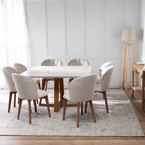 Comedor Bennet 1.35 Cuadrado Off white + 8 sillas Alba Soft Palha