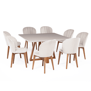 Comedor Bennet 1.35 Cuadrado Off white + 8 sillas Alba Soft Palha