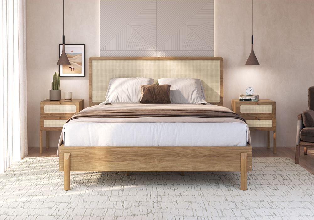 Cama Oslo 2 Plazas Ratan+ 2 Veladores 27933 2C Ratan Natural 1