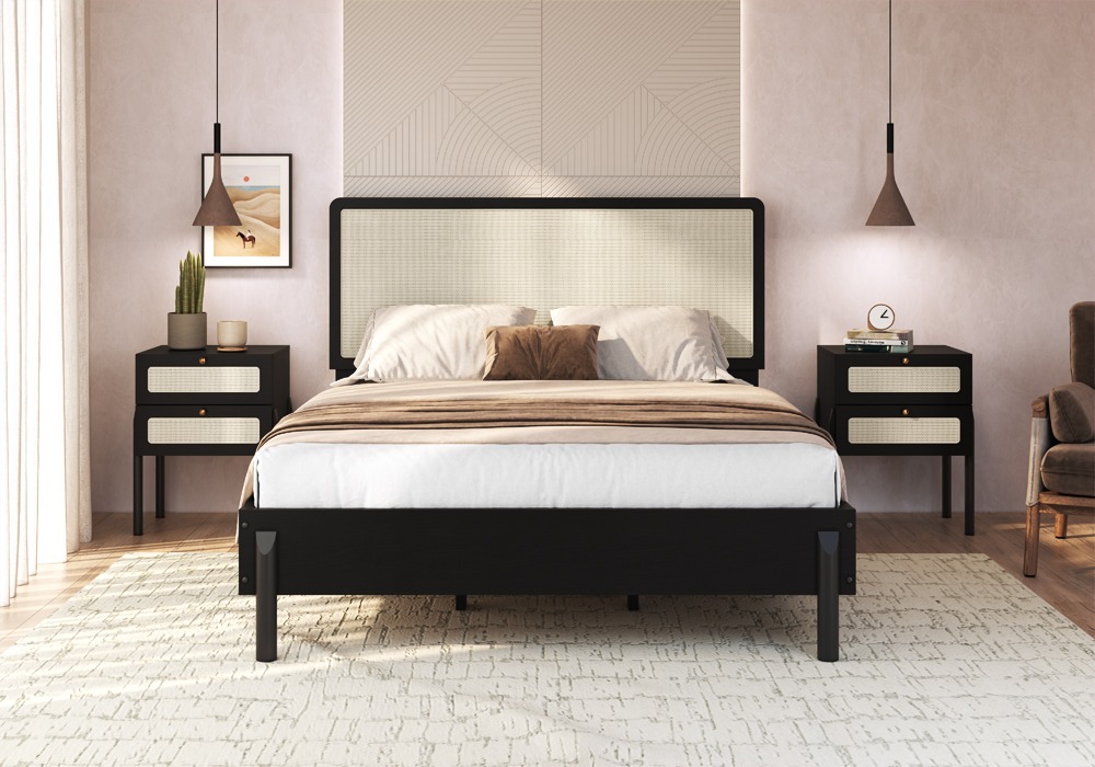 Cama Oslo King Ratan+ 2 Veladores 27933 2C Ratan Negro 1