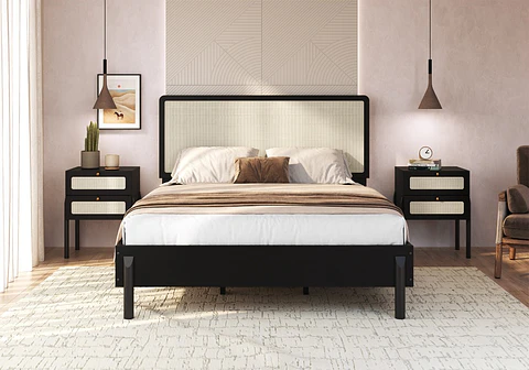 Cama Oslo King Ratan+ 2 Veladores 27933 2C Ratan Negro