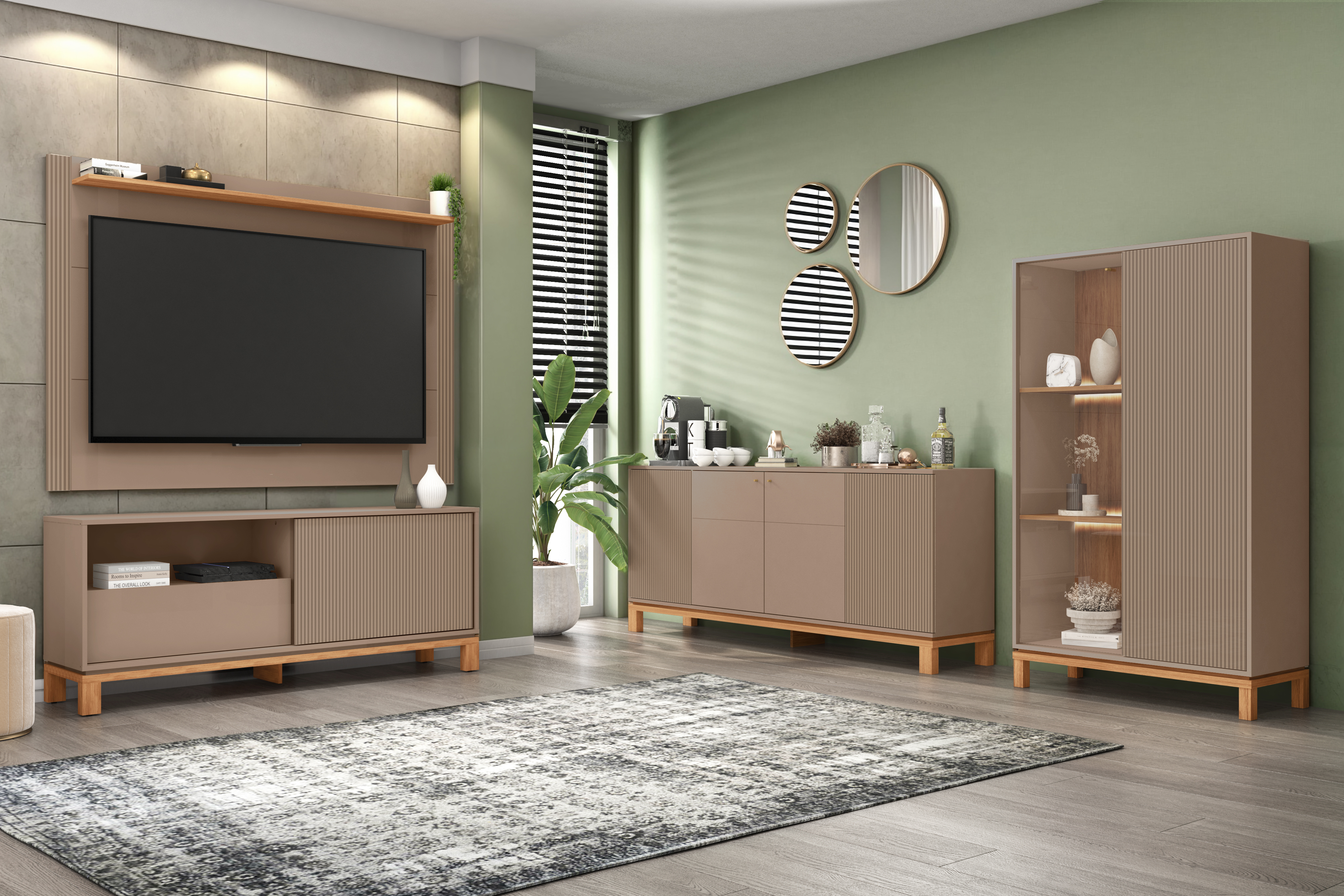 Set Mondrian panel extensible 1.35-1.8 + Rack 1.5  + Vitrina + Buffet 1.80 Gris Castaño 1