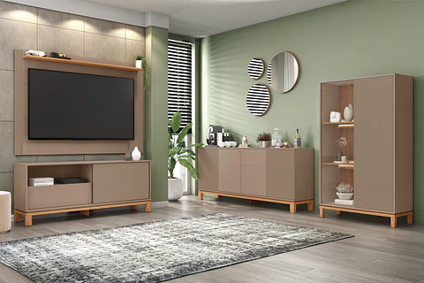 Set Mondrian panel extensible 1.35-1.8 + Rack 1.5  + Vitrina + Buffet 1.80 Gris Castaño