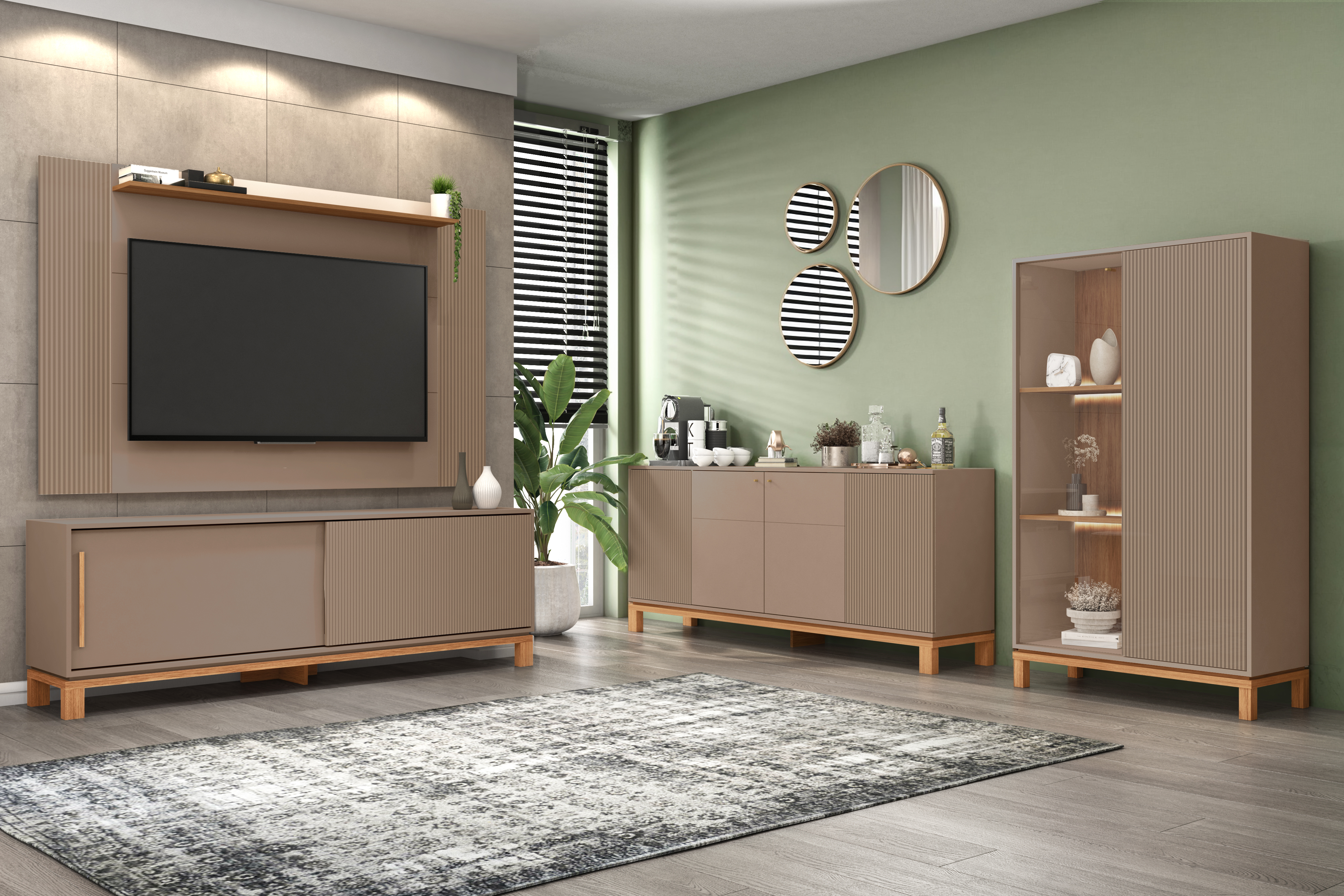 Set Mondrian panel extensible 1.35-1.8 + Rack 1.8 + Vitrina + Buffet 1.80 Gris Castaño 1