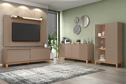 Set Mondrian panel extensible 1.35-1.8 + Rack 1.8 + Vitrina + Buffet 1.80 Gris Castaño