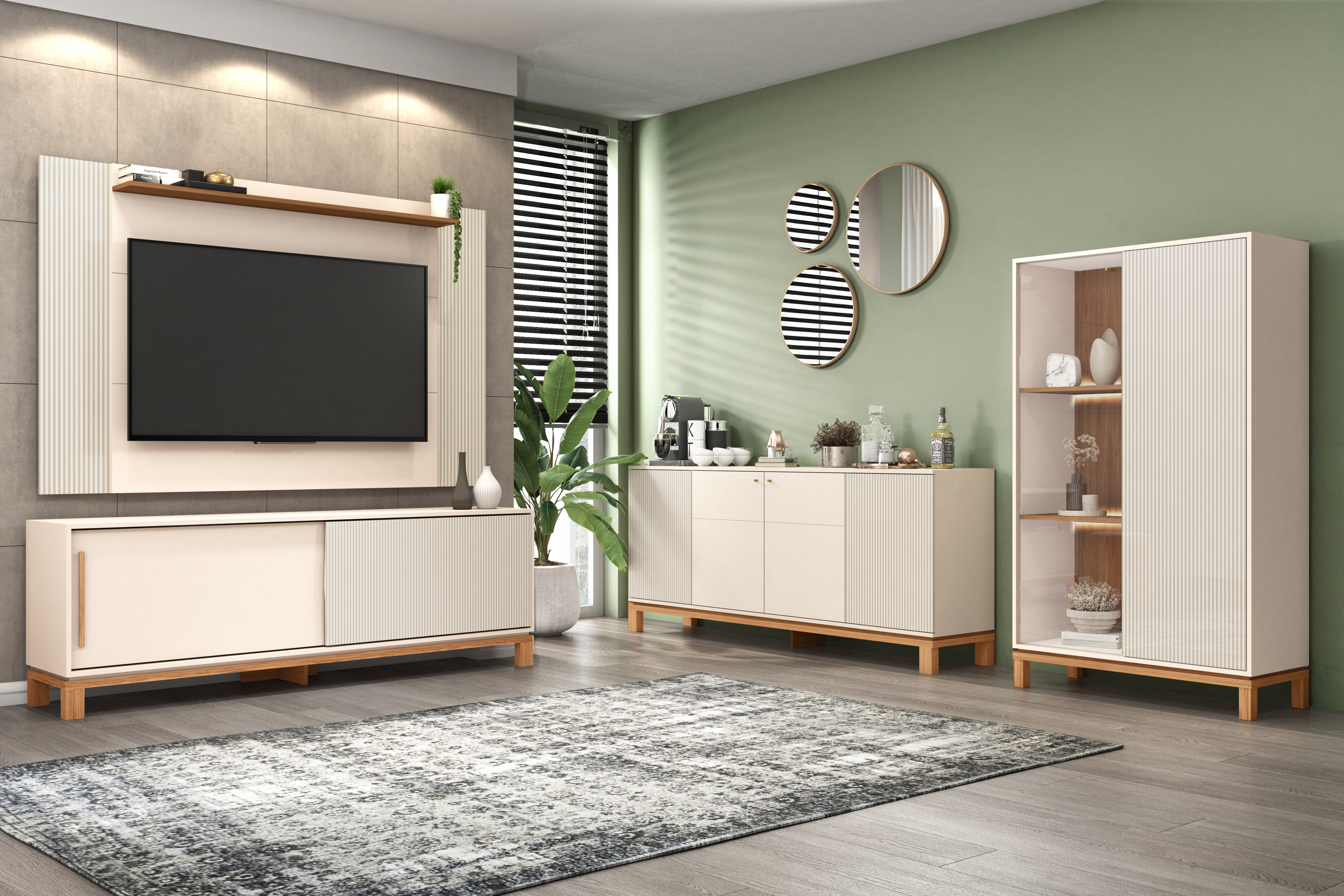 Set Mondrian panel extensible 1.35-1.8 + Rack 1.8 + Vitrina + Buffet 1.80 OW Castaño 1