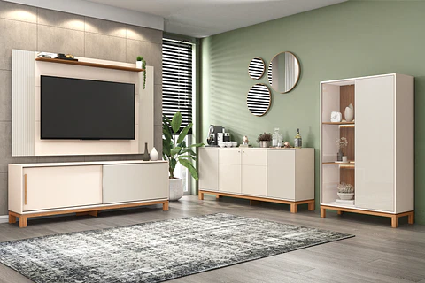 Set Mondrian panel extensible 1.35-1.8 + Rack 1.8 + Vitrina + Buffet 1.80 OW Castaño