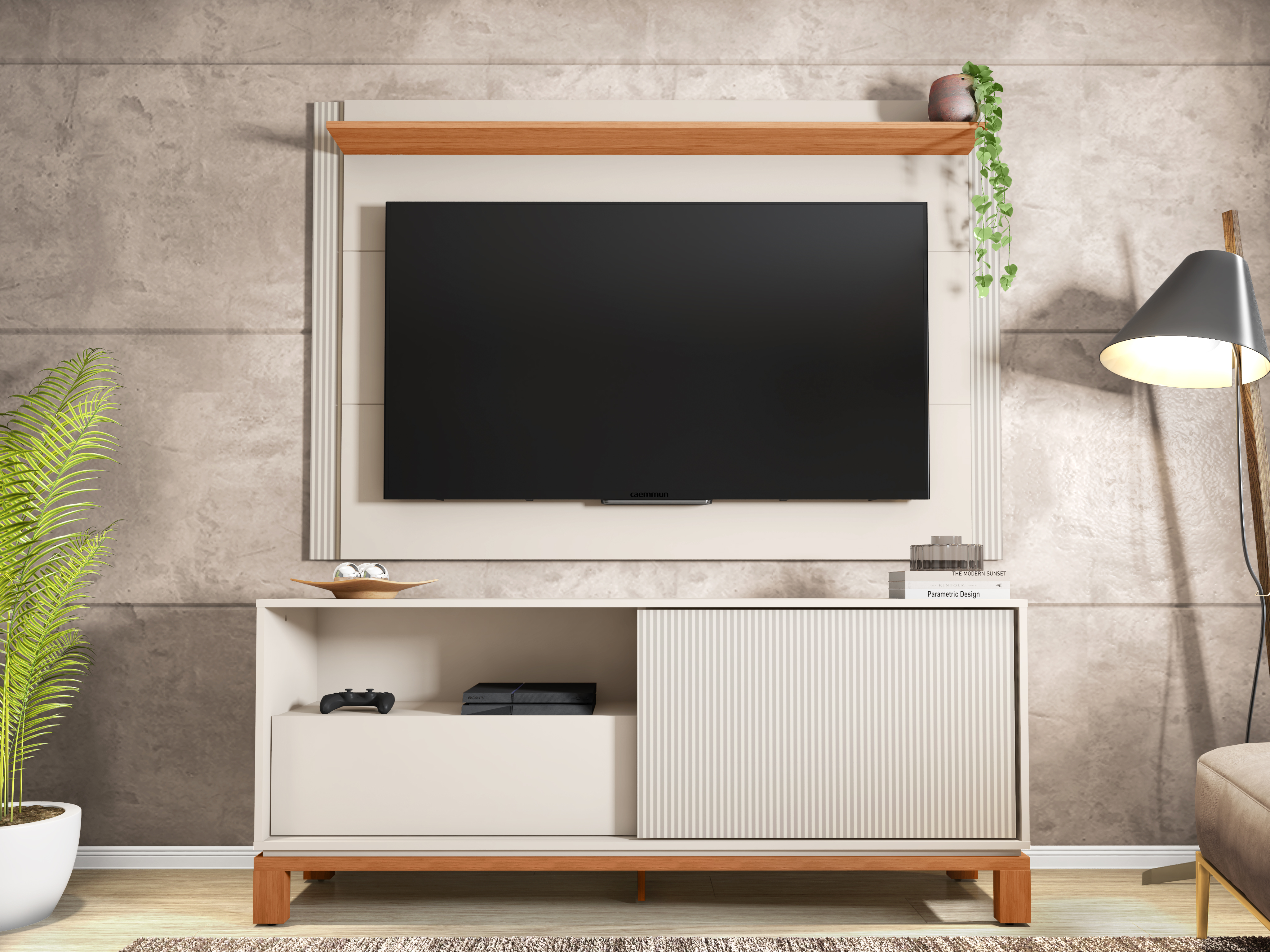 Set Mondrian panel extensible 1.35-1.8 + Rack 1.50 OW Castaño  2