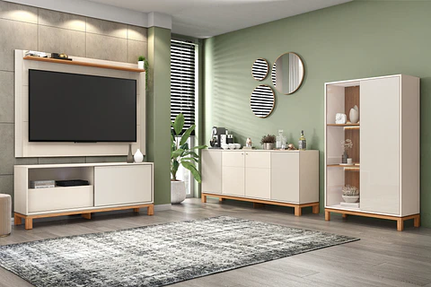 Set Mondrian panel extensible 1.35-1.8 + Rack 1.5  + Vitrina + Buffet 1.80 OW Castaño