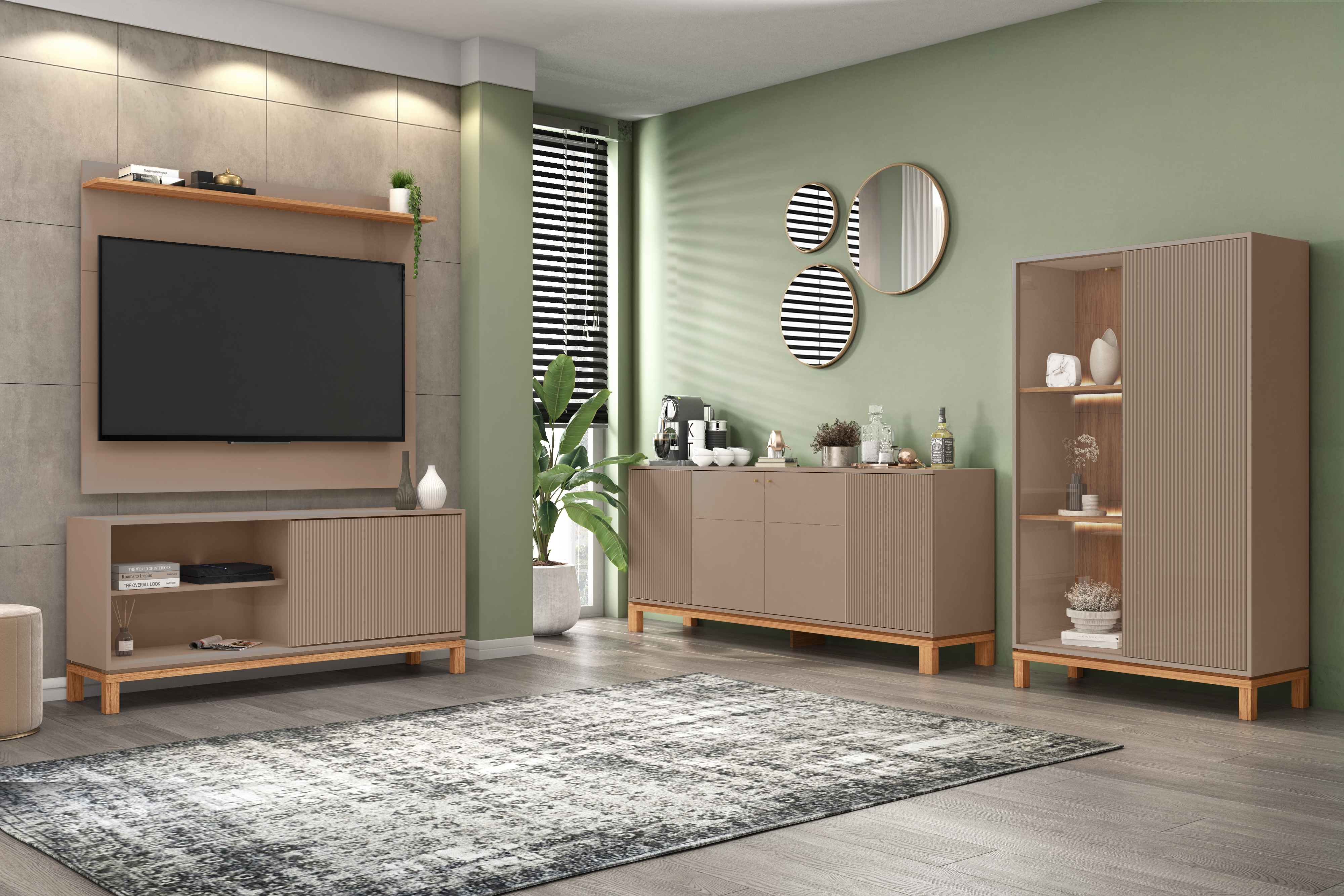 Set Mondrian panel extensible 1.35-1.8 + Rack 1.35  + Vitrina + Buffet 1.80 Gris Castaño 1