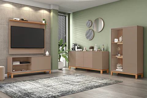 Set Mondrian panel extensible 1.35-1.8 + Rack 1.35  + Vitrina + Buffet 1.80 Gris Castaño