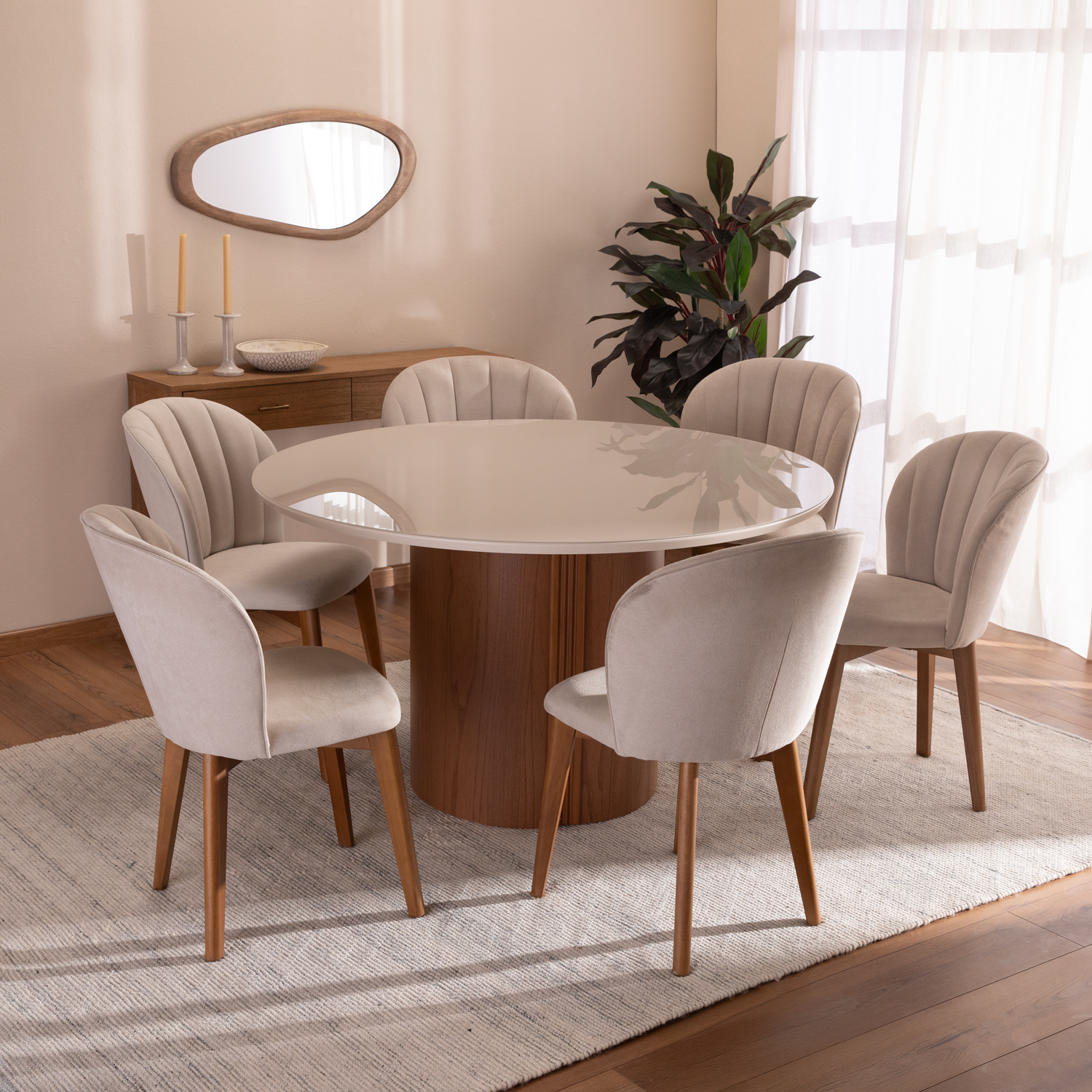 Comedor Kalina Redondo 1.35 + 6 Sillas Alba Soft Palha 1