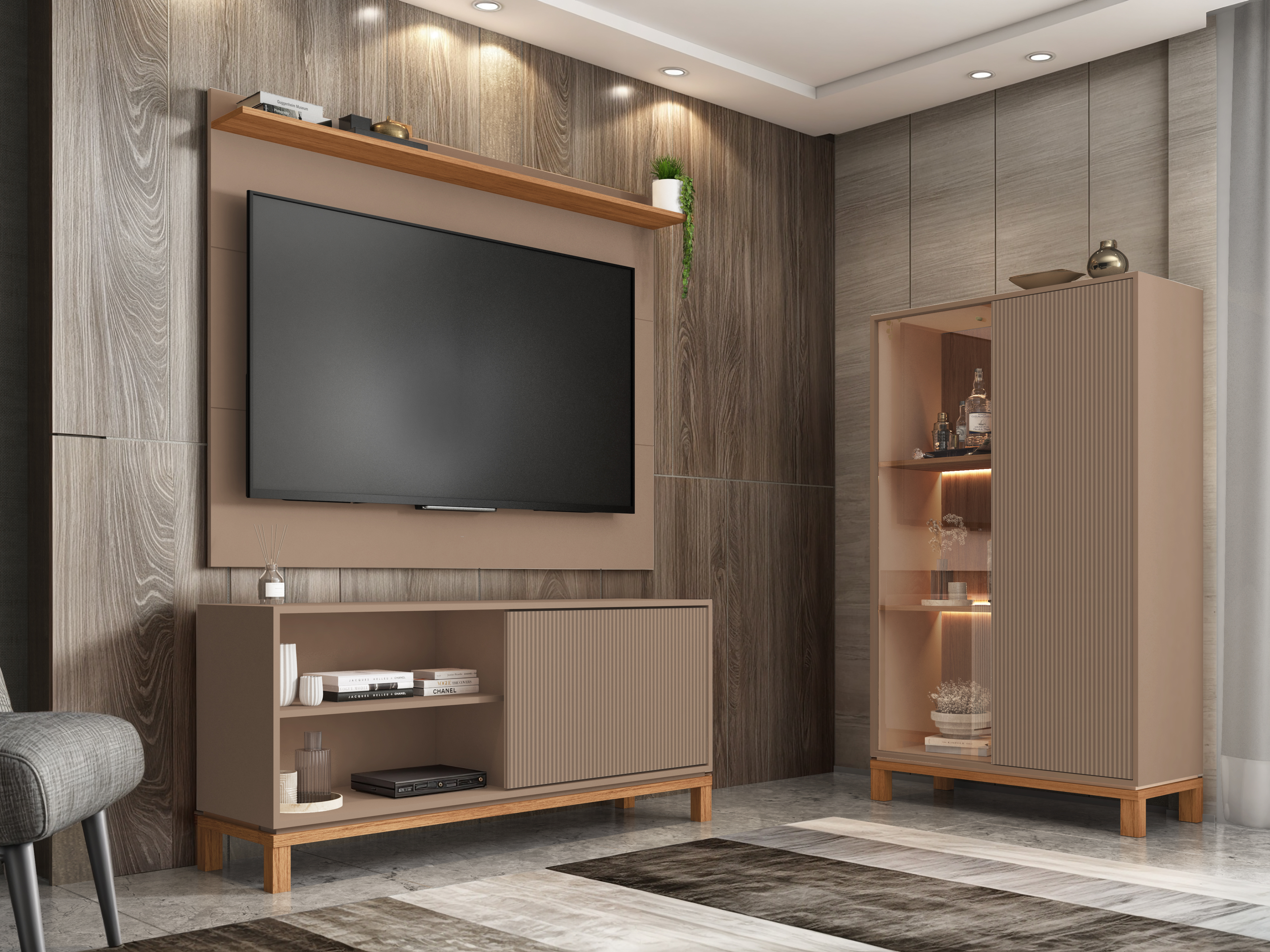 Set Mondrian panel extensible 1.35-1.8 + Rack 1.35  + Vitrina Gris Castaño  1