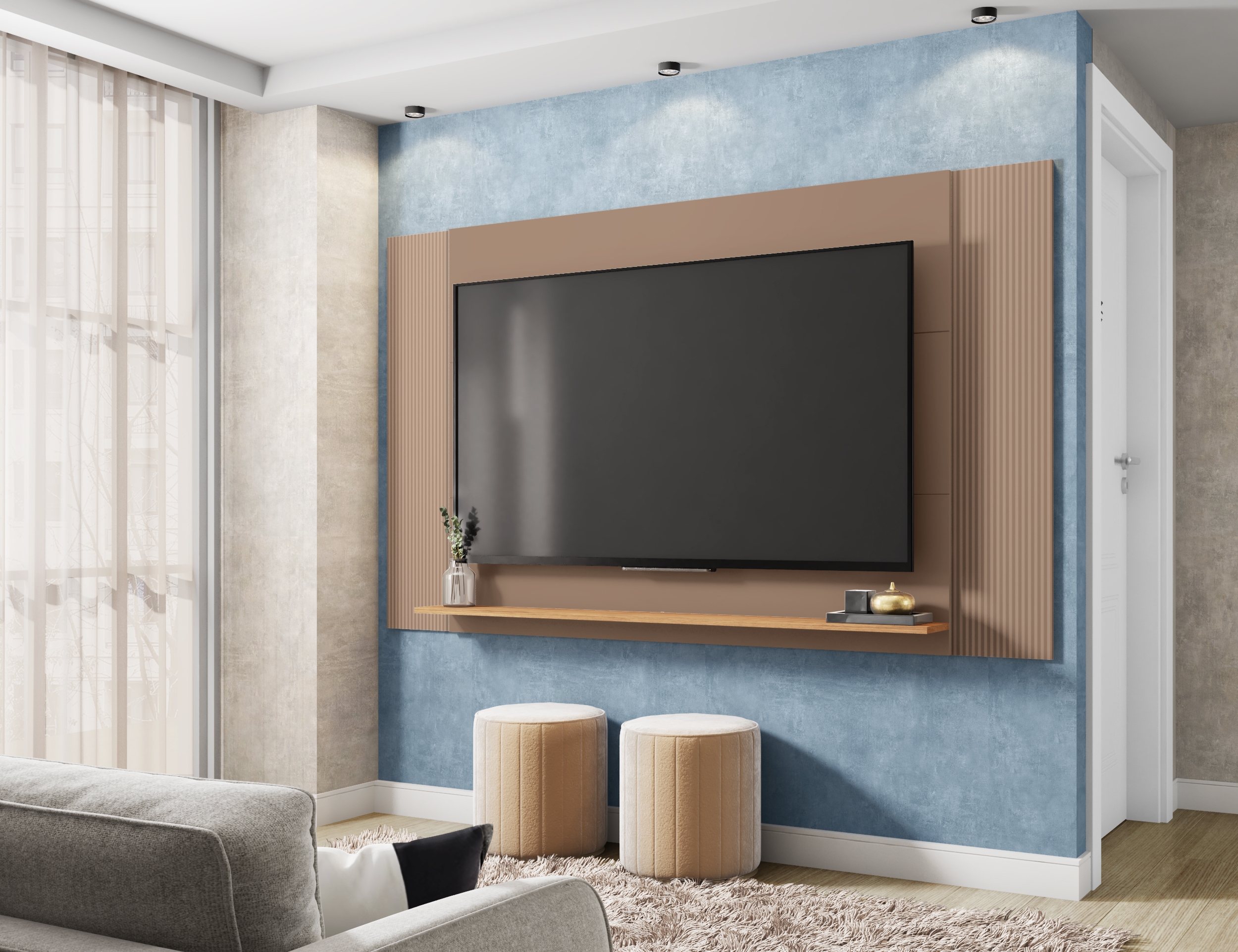 Set Mondrian panel extensible 1.35-1.8 + Rack 1.35  + Vitrina Gris Castaño  2