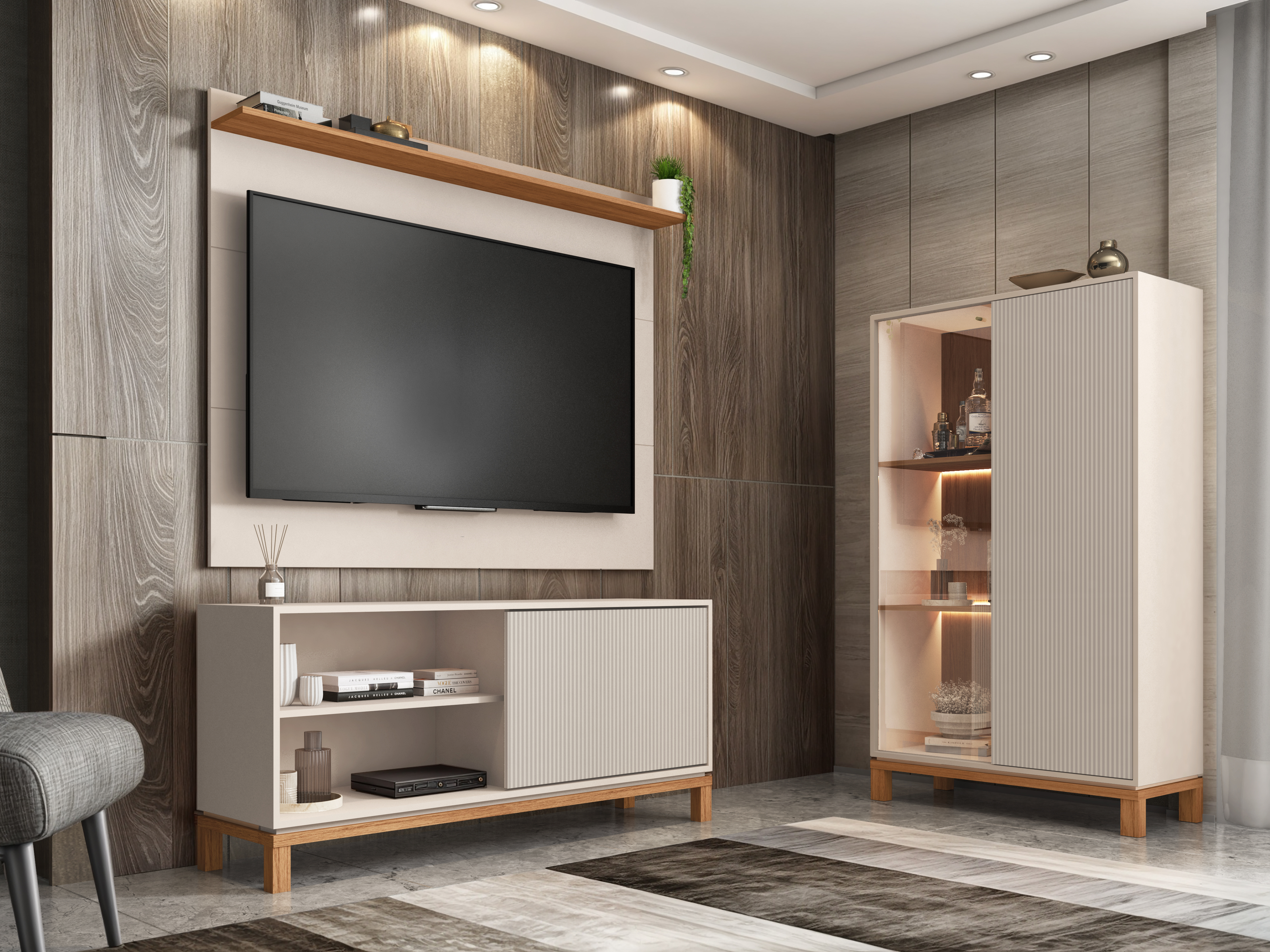 Set Mondrian panel extensible 1.35-1.8 + Rack 1.35  + Vitrina OW Castaño 1