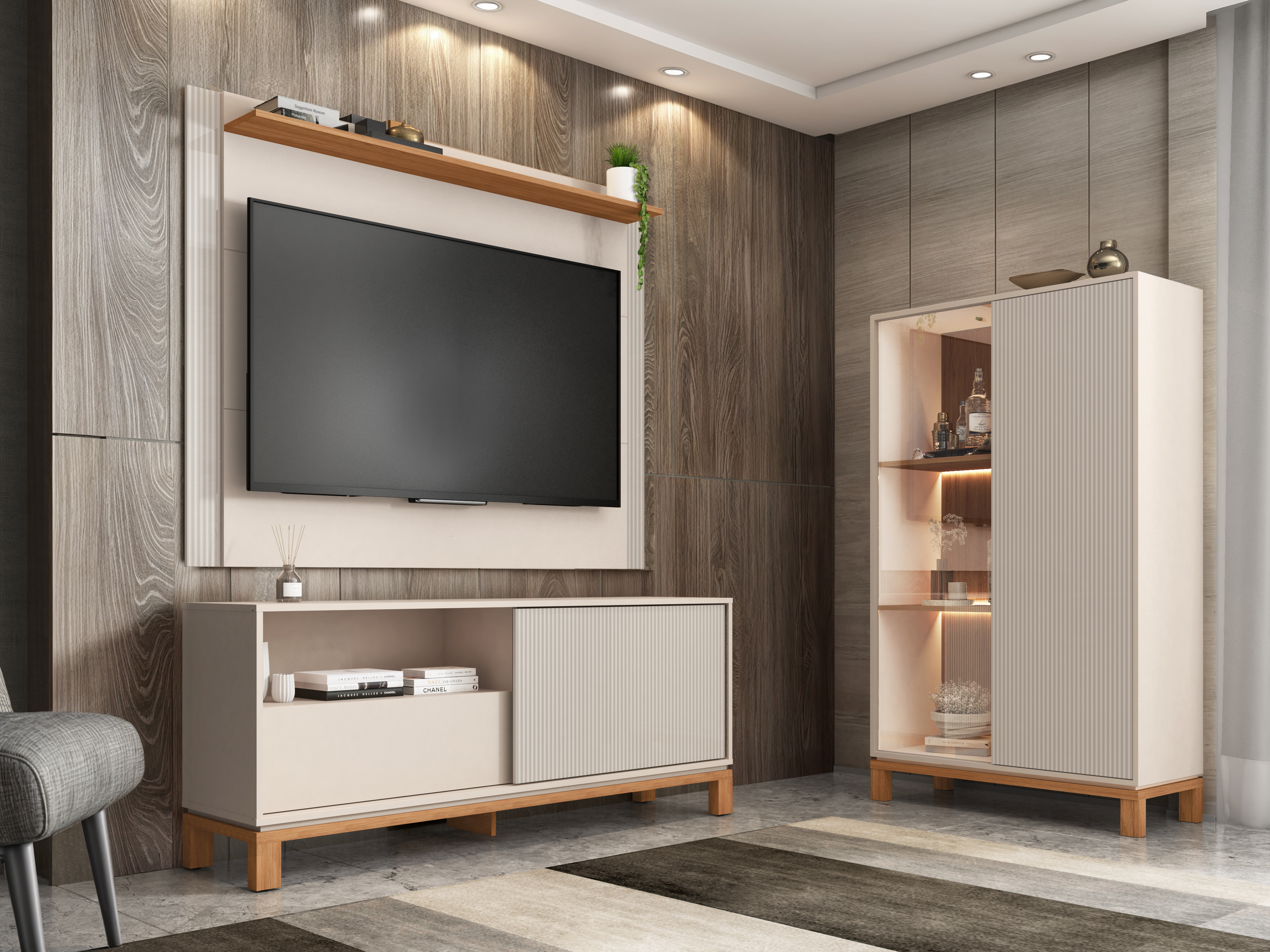 Set Mondrian panel Extensible 1.35-1.8 +Rack 1.5 +Vitrina OW Castaño 1