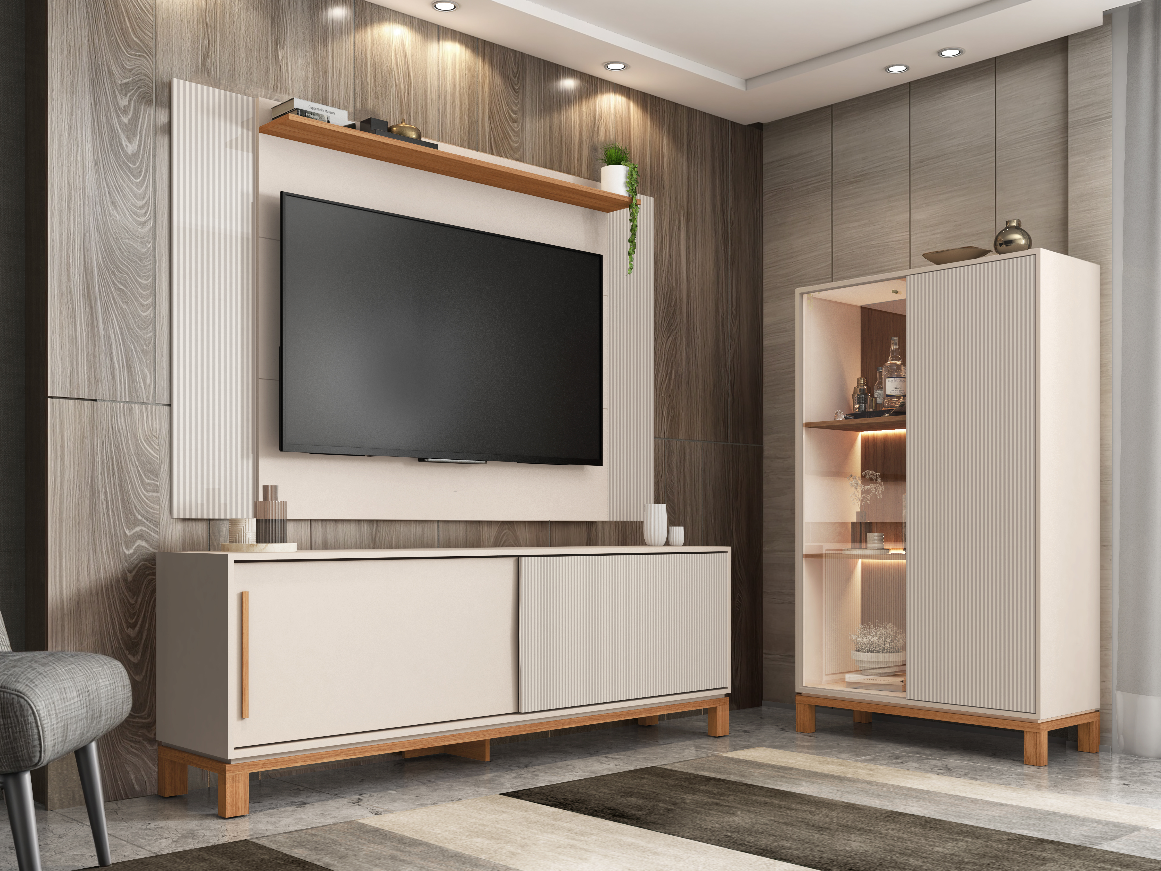 Set Mondrian panel extensible 1.35-1.8 + Rack 1.8  + Vitrina OW Castaño 1