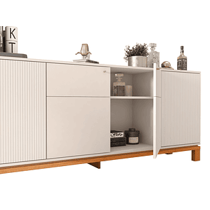 Set Mondrian panel extensible 1.35-1.8 + Rack 1.8 + Vitrina + Buffet 1.80 OW Castaño