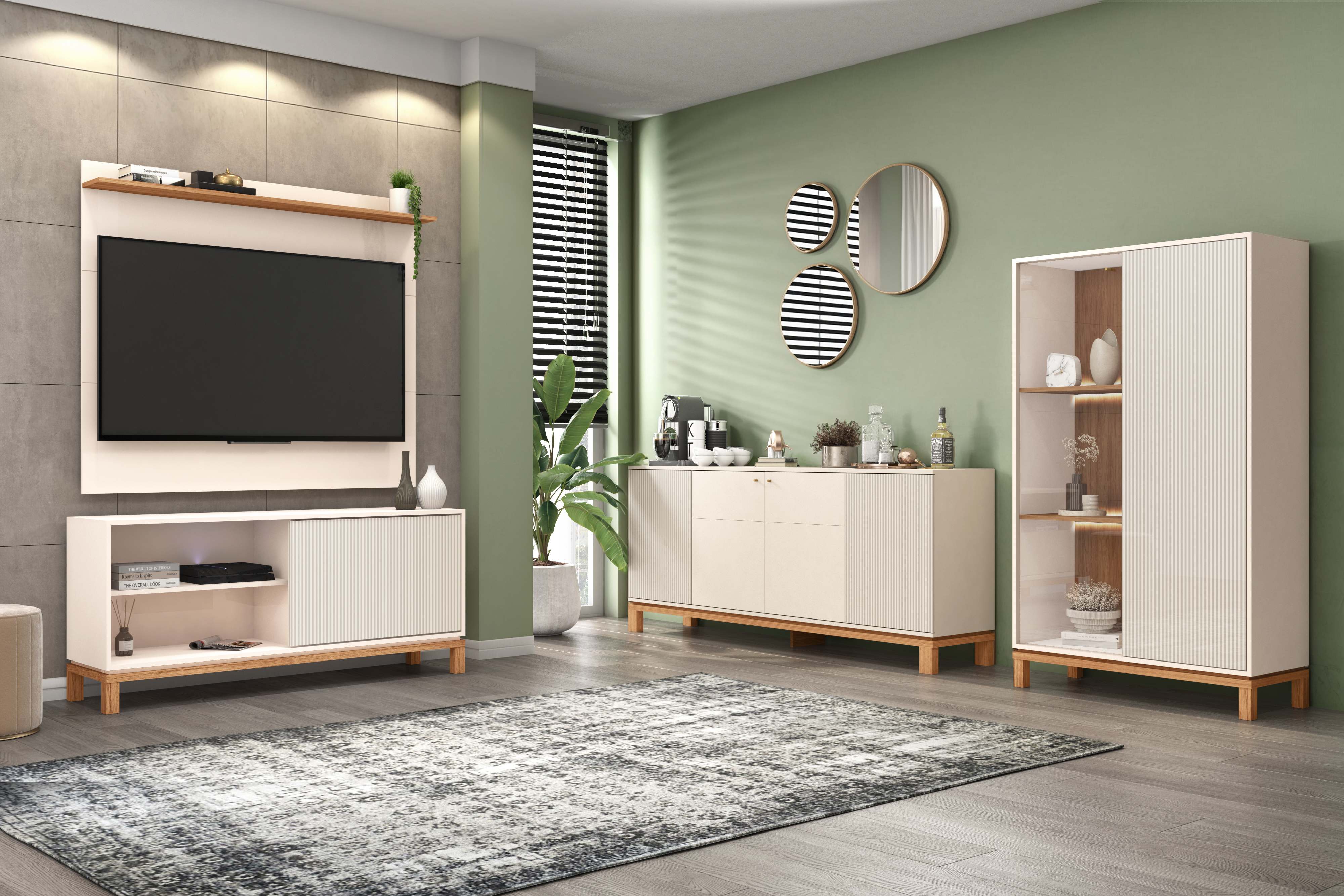 Set Mondrian panel extensible 1.35-1.8 + Rack 1.35  + Vitrina + Buffet 1.80 OW Castaño 1