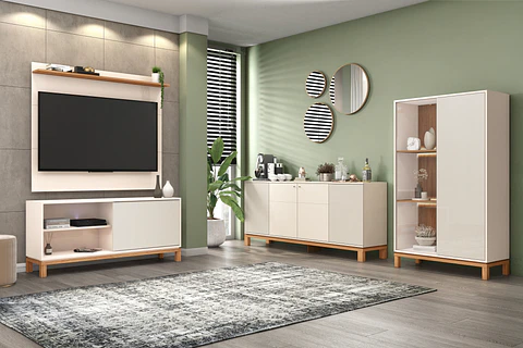 Set Mondrian panel extensible 1.35-1.8 + Rack 1.35  + Vitrina + Buffet 1.80 OW Castaño
