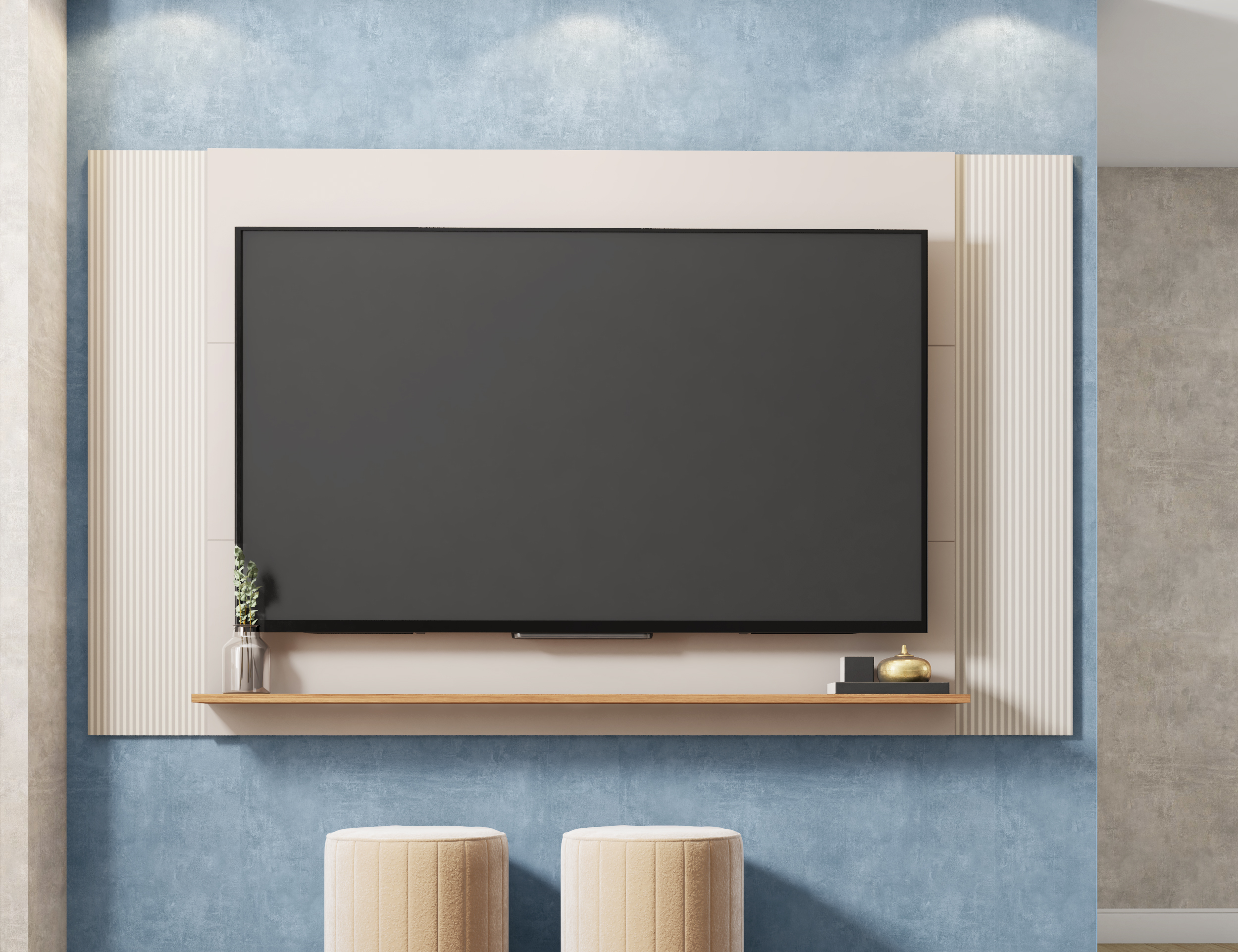 Set Mondrian panel extensible 1.35-1.8 + Rack 1.35  + Vitrina + Buffet 1.80 OW Castaño 2