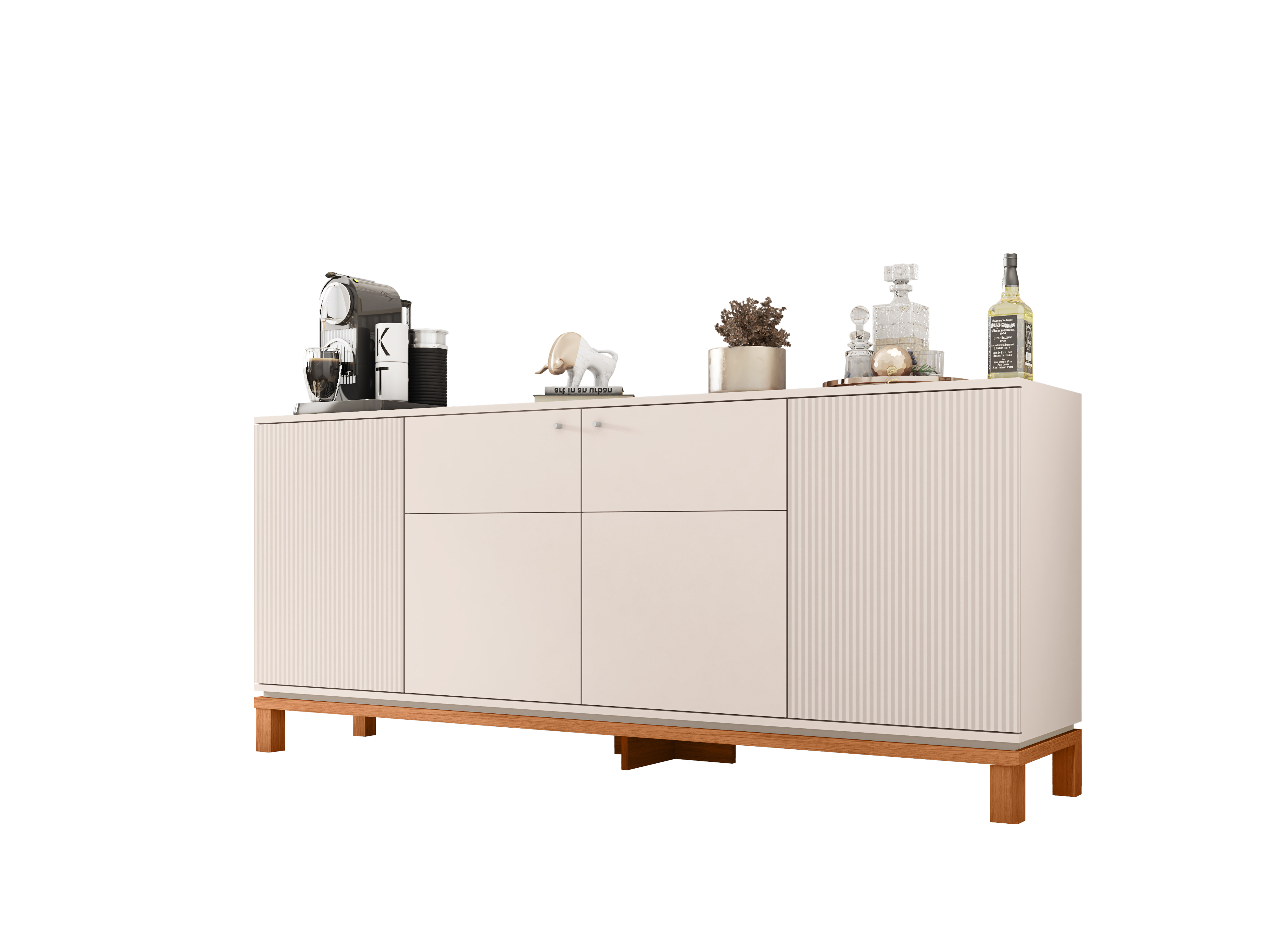 Set Mondrian panel extensible 1.35-1.8 + Rack 1.35  + Vitrina + Buffet 1.80 OW Castaño 3