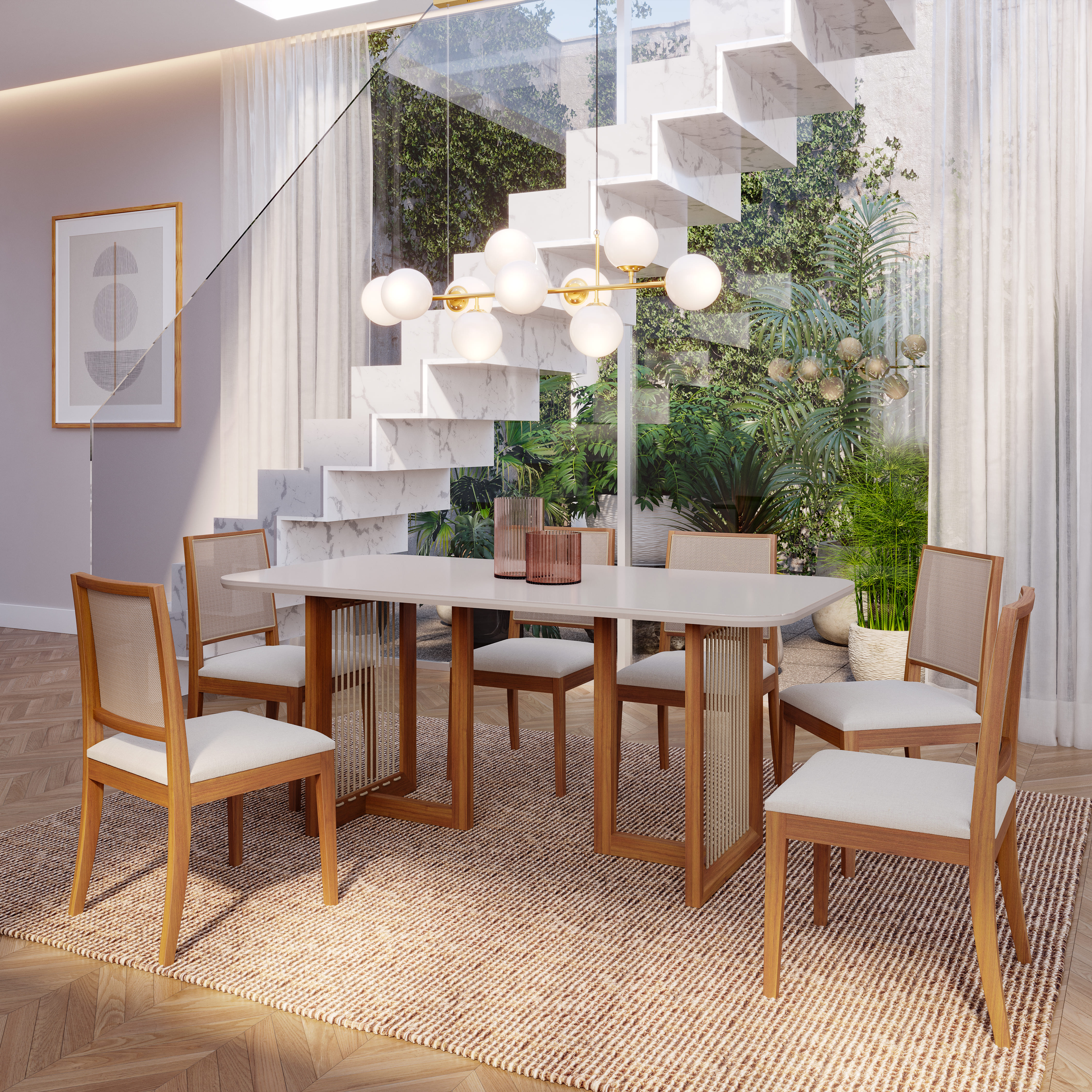 Comedor Regia 1.8 Off White + 6 Sillas Buriti Crudo 100% Madera 1