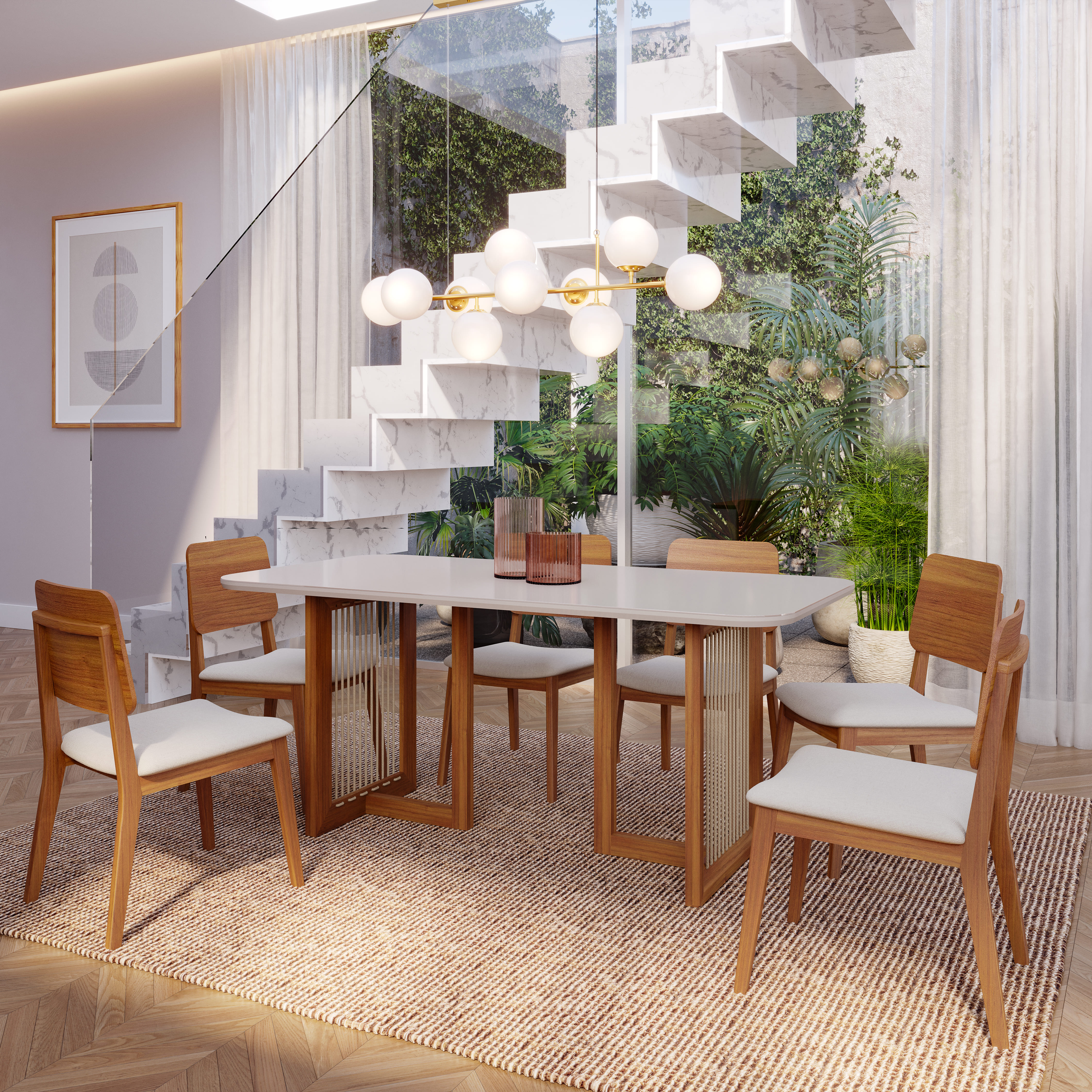 Comedor Regia 1.8 Off White + 6 Sillas Ipe Crudo 100% Madera 1