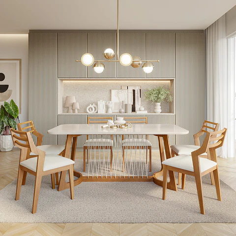 Comedor Tulipa 1.8 + 6 Sillas Damasco Linho 100% Madera