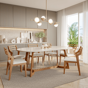 Comedor Tulipa Oval 2.1 + 6 Sillas Damasco Linho 100% Madera