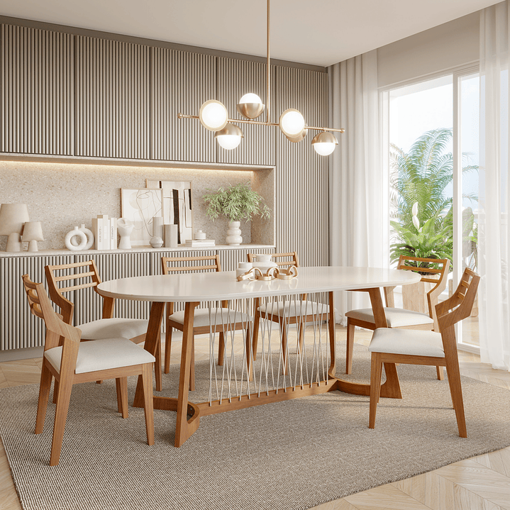 Comedor Tulipa Oval 2.1 + 6 Sillas Damasco Linho 100% Madera 1