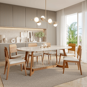 Comedor Tulipa Oval 2.1 + 6 Sillas Ipe Linho 100% Madera 