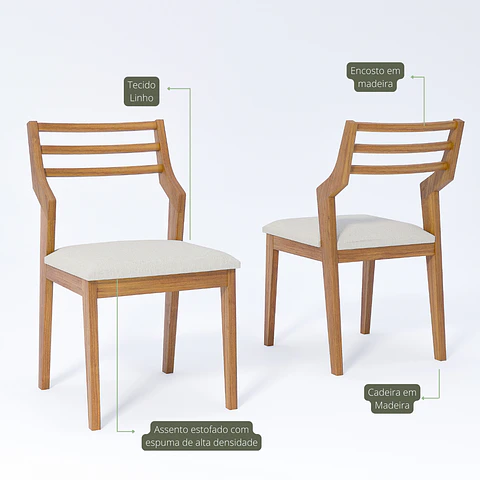 Comedor Tulipa 1.8 + 6 Sillas Damasco Linho 100% Madera