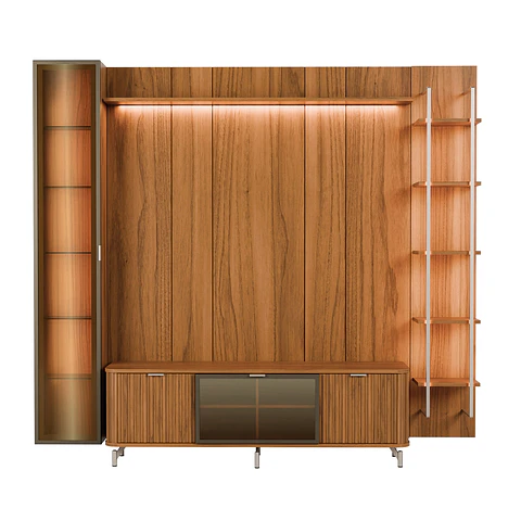 Rack 1.7 + Panel 1.8 Neon Float Led + Vitrina 1 Puerta + Repisas Canela