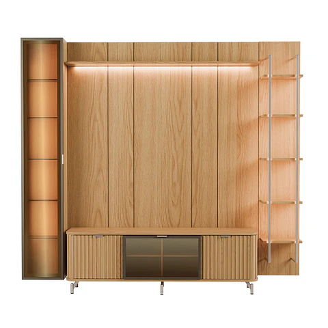 Rack 1.7 + Panel 1.8 Neon Float Led + Vitrina 1 Puerta + Repisas Carvalho