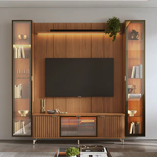 Rack 1.7 + Panel 1.8 Neon Float Led + 2 vitrinas 1 Puerta Canela