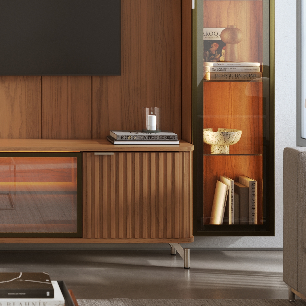 Rack 1.7 + Panel 1.8 Neon Float Led + 2 vitrinas 1 Puerta Canela 3