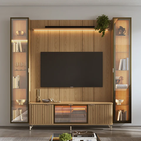 Rack 1.7 + Panel 1.8 Neon Float Led + 2 Vitrinas 1 Puerta carvalho