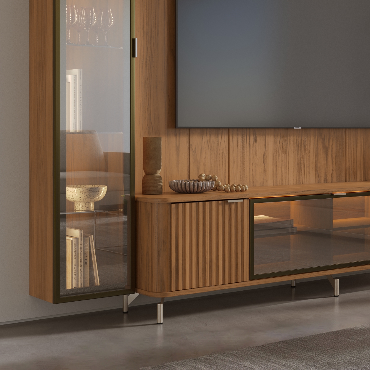 Rack 2.1 + Panel 2.2 Neon Float Led + Vitrina 1 Puerta + Repisas Canela 3