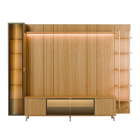 Rack 2.1 + Panel 2.2 Neon Float Led + Vitrina 1 Puerta + Repisas Carvalho