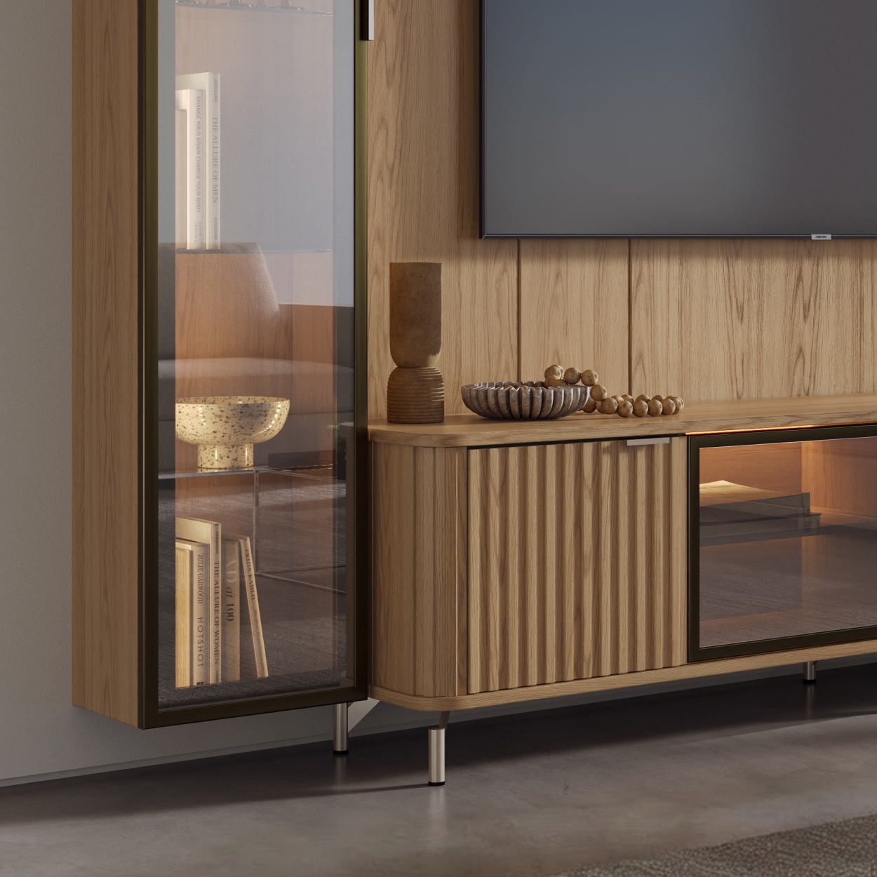 Rack 2.1 + Panel 2.2 Neon Float Led + Vitrina 1 Puerta + Repisas Carvalho 3