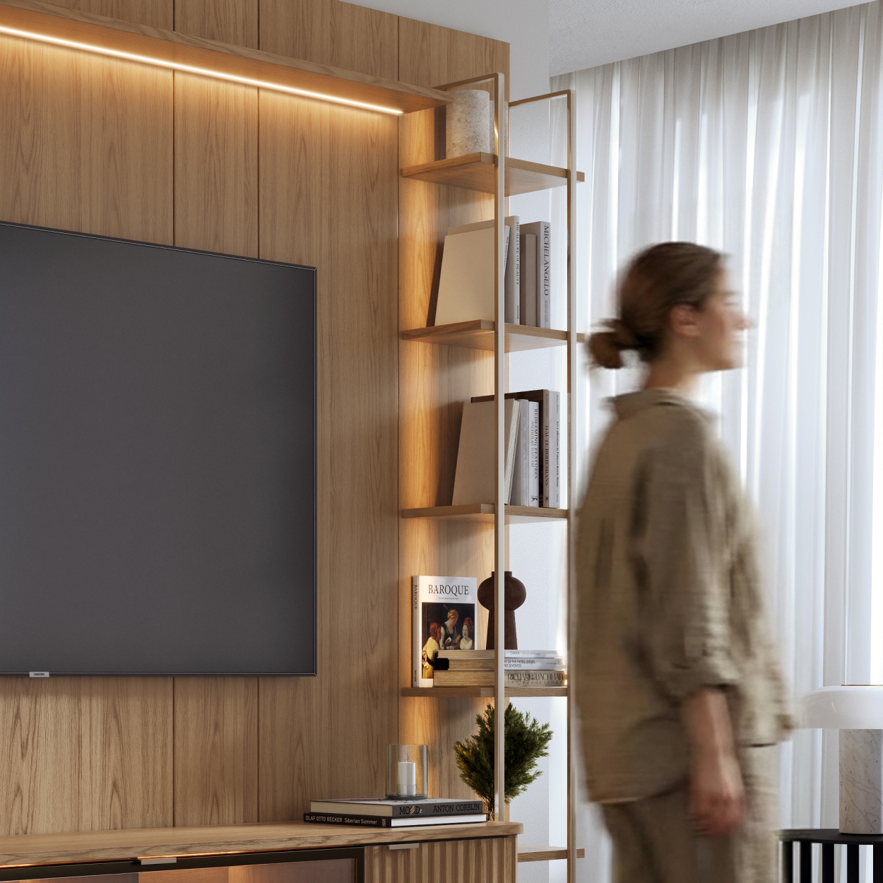 Rack 2.1 + Panel 2.2 Neon Float Led + Vitrina 1 Puerta + Repisas Carvalho 4