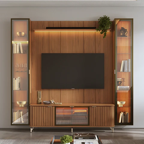 Rack 2.1 + Panel 2.2 Neon Float Led + 2 Vitrinas 1 Puerta canela