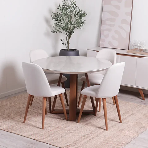 Comedor Bennet Redondo + 4 Sillas Drop L02 Beige